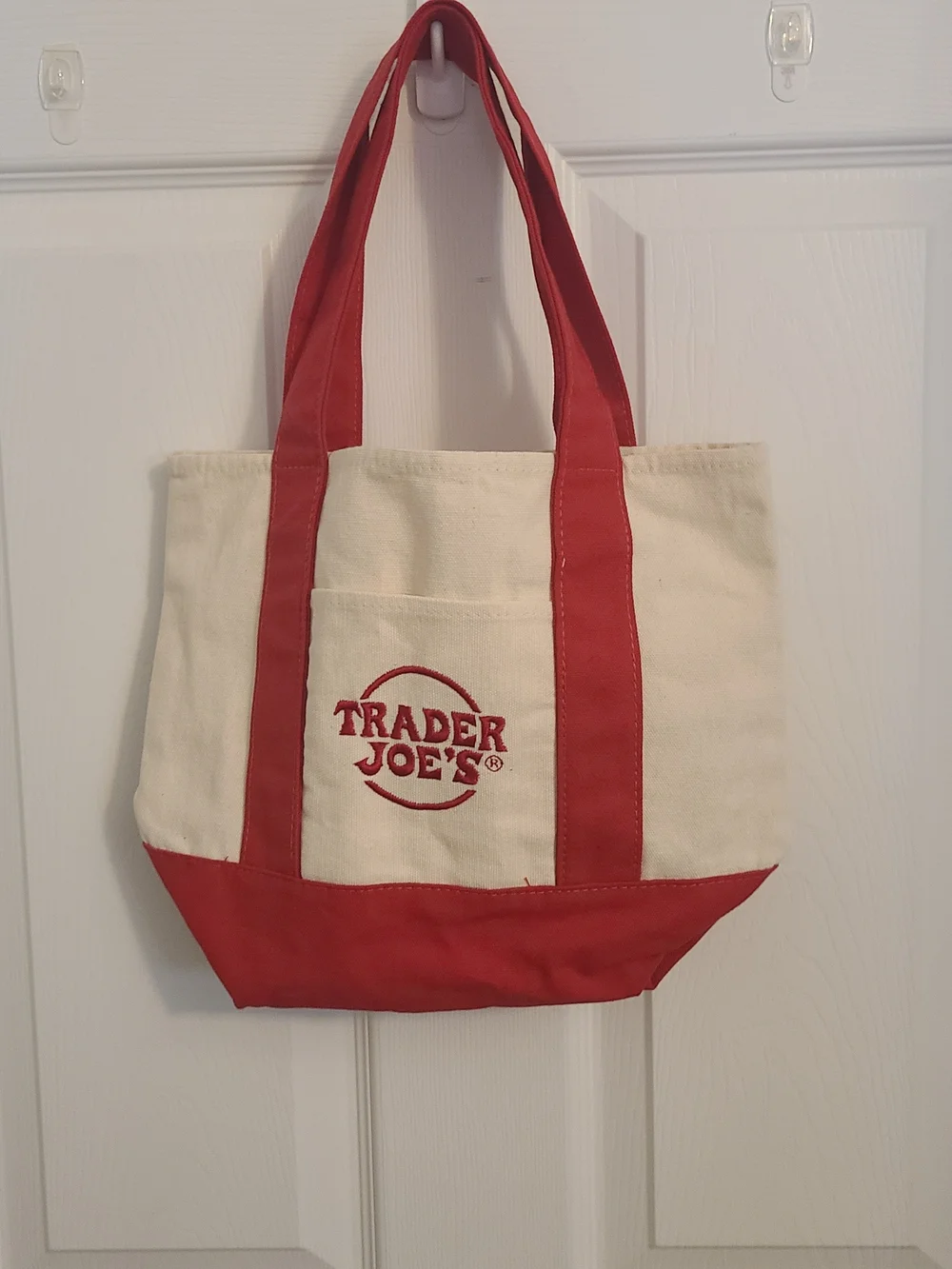 Trader Joe's Cream and Red Canvas Tote Bag